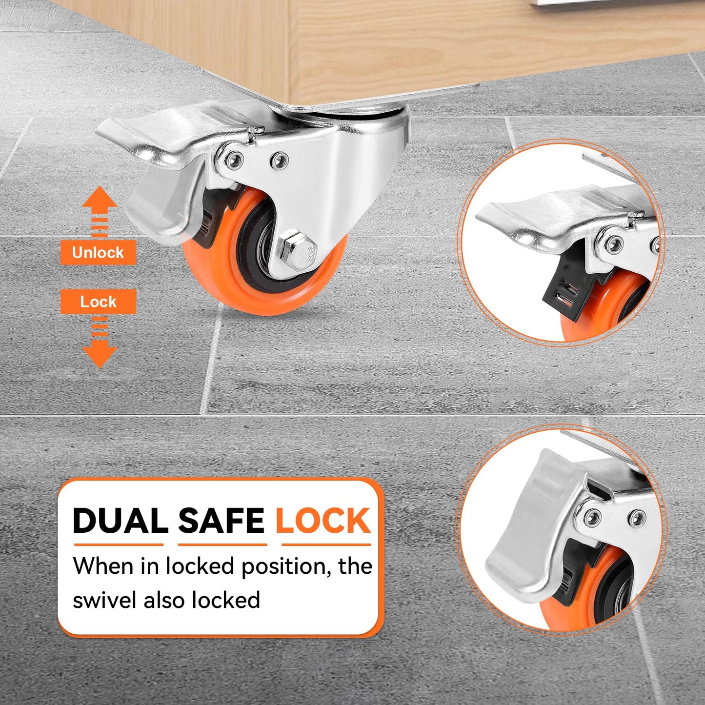 WBD 2" Plate Caster Wheels Set of 8, Heavy Duty Casters with Brake, 1200 Lbs, Safety Dual Locking, Industrial Swivel Top Plate Casters Wheels for Furniture, Carts (Screws and Screwdriver)
