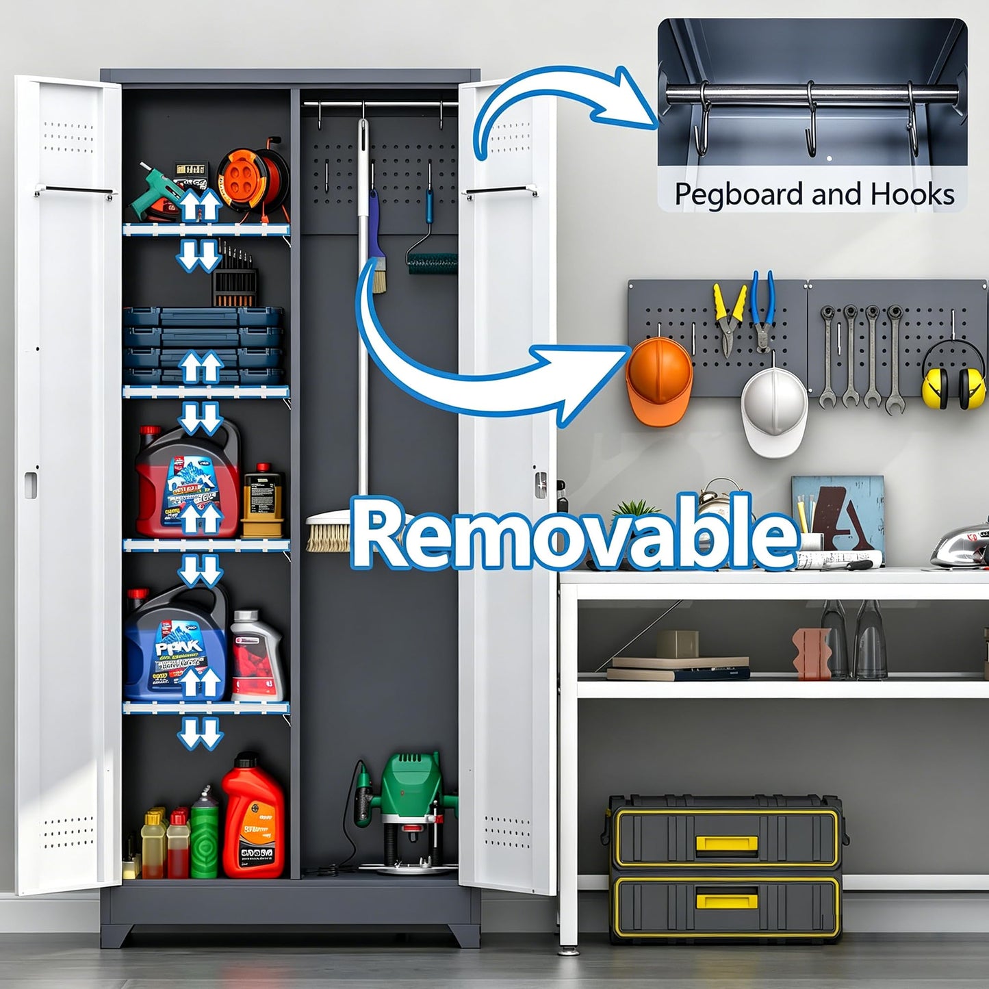 NICEGDLT Metal Storage Cabinet 72" Tall, Garage Storage Cabinet with Lockable Doors & Shelves, Utility Broom Closet, Steel Tool Cabinet for Garage, Laundry Room, Home Office, Grey/White