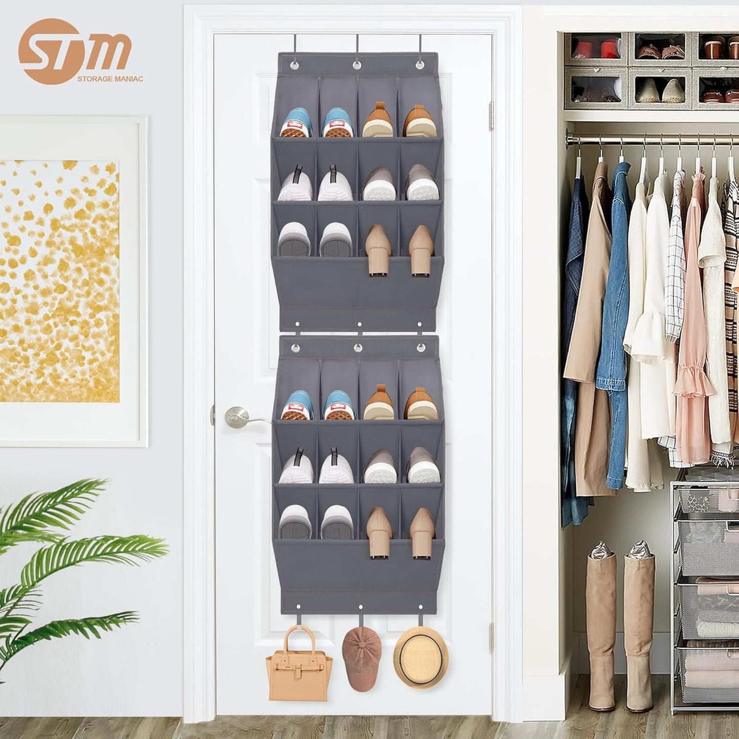 Storage Maniac Over Door Shoe Organizer - 12 Large Pockets for Efficient Closet Storage | Grey