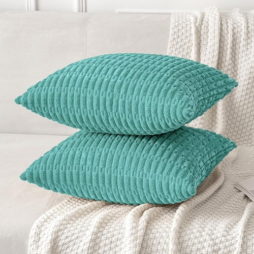 MIULEE Corduroy Throw Pillow Covers - Soft Boho Striped Design | 18x18 Inch Aqua Green for Modern Farmhouse Decor