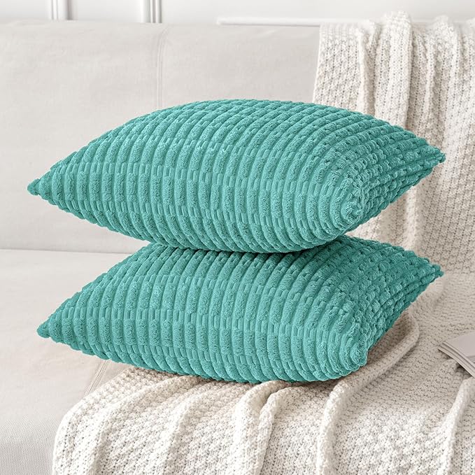 MIULEE Pack of 2 Corduroy Decorative Throw Pillow Covers 20x20 Inch Soft Boho Striped Pillow Covers Modern Farmhouse Home Decor for Summer Sofa Living Room Couch Bed Aqua Green