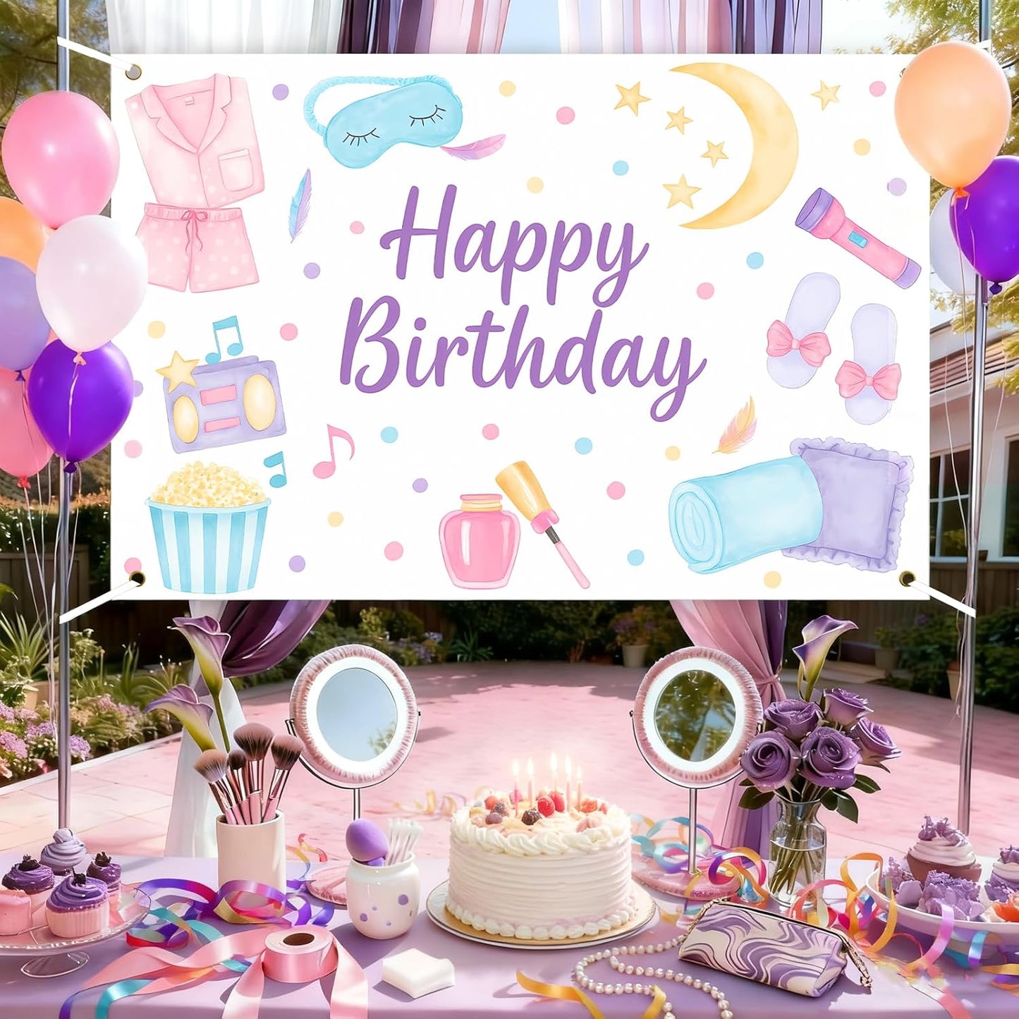 5 3ft Spa Happy Birthday Backdrop Spa Party Supplies for Girls Makeup Pajama Sleep Mask Pillow Photography Background