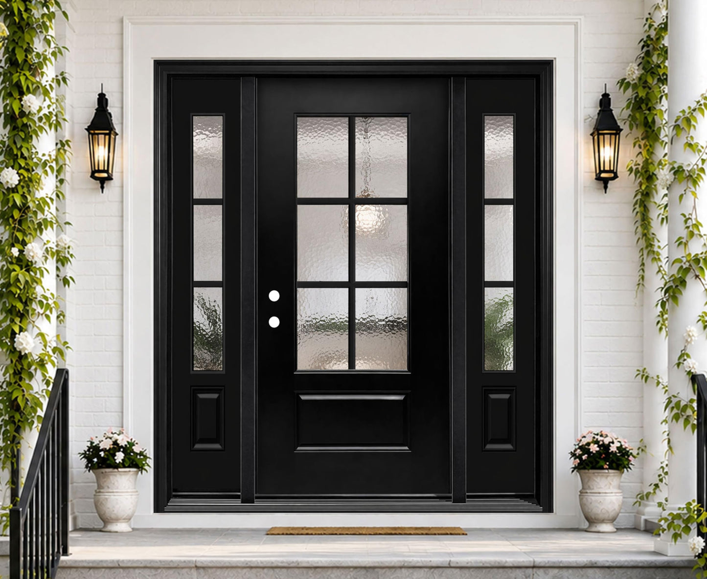 Front Entry Door with 12 in. Sidelite, 64 x 80 Smooth Textured Black Fiberglass Entry Door with Hammered Glass Classical Design (64 in. × 80 in.,Right-Hand Inswing)
