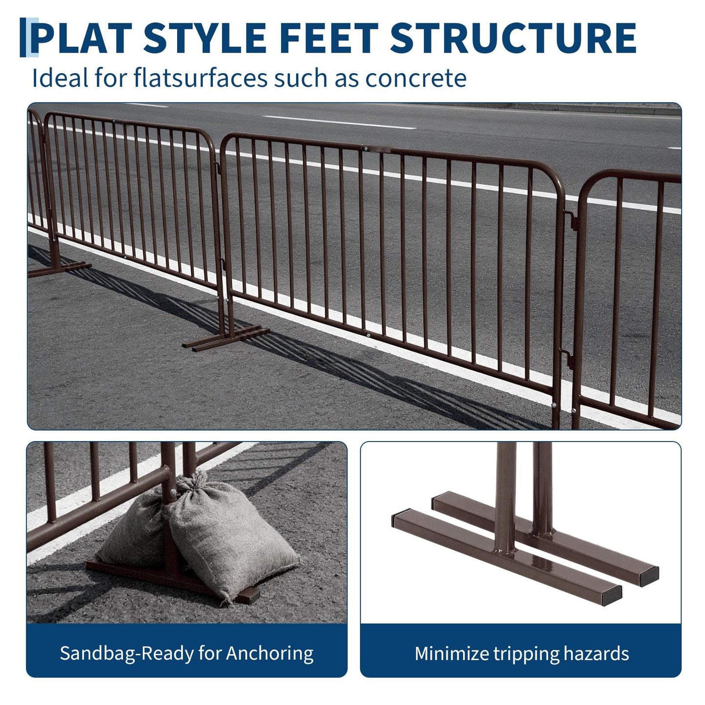 Heavy Duty Interlinked Steel Crowd Control Barricade – Removable Flat Feet, Durable Powder-Coated, Weather Resistant Safety Barrier for Events, Construction, Parking, Pedestrian Zones – 8.5FT, Brown