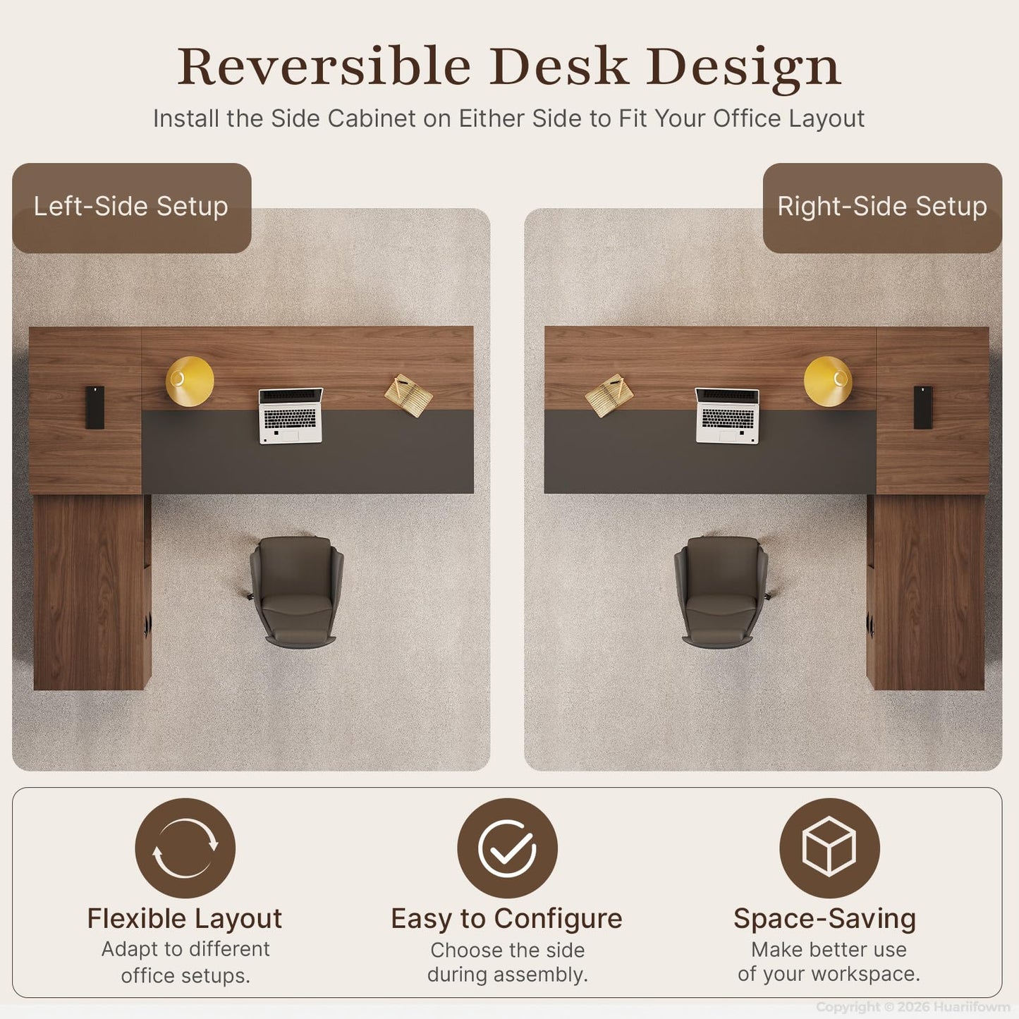 Huariifowm 63" Reversible L-Shaped Executive Desk with Locking Drawers, Compact Office Desk for Home & Manager Office, Power Outlet, USB Ports, Storage Shelves, Privacy Panel & LED Light, Walnut Gray