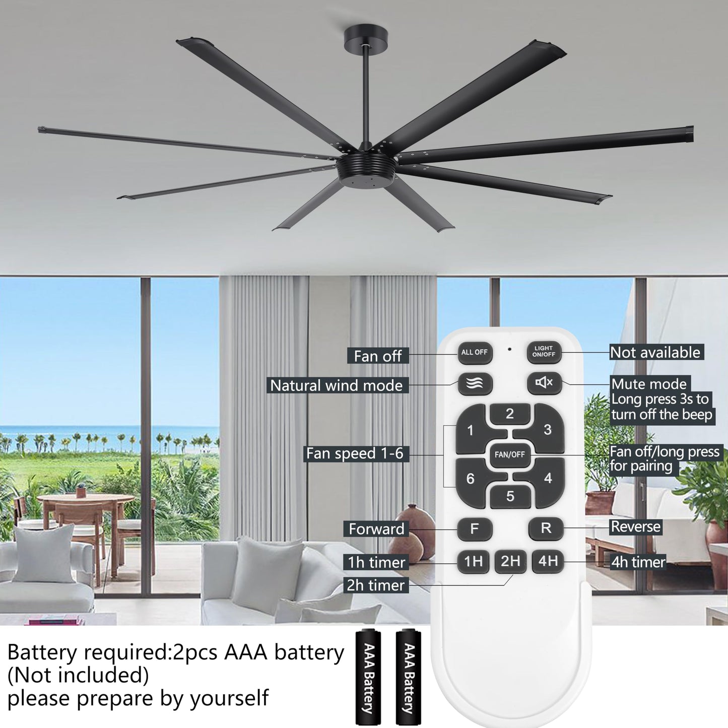 Ohniyou 96'' Industrial Ceiling Fan No Light - High CFM Large Metal Fan with 8 Aluminum Blades, Remote/APP Controlled, DC Motor, for Shop, Warehouse, Gym, Black