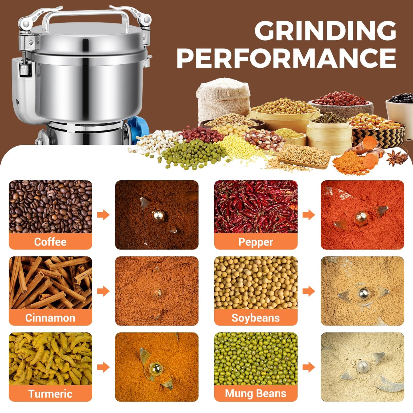 LEEVOT Grain Mill Grinder, 750g Commercial Spice Grinder Electric 2000W Stainless Steel Pulverizer Dry Grinder for Grinding Wheat, Oats, Corn, Pepper, and Coffee Beans – Grinder for Kitchen.