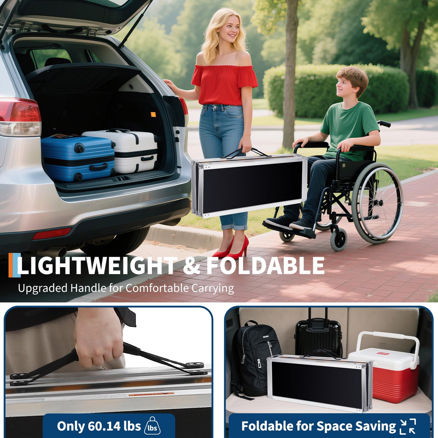 Aluminum Portable Wheelchair Ramp Folding Ramp w/Non-Slip Surface, Threshold for Home Steps, Scooter for Car, Doorways, Curbs & Stairs, 600 Lbs Capacity