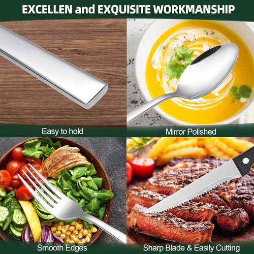 CEKEE Stainless Steel Silverware Set - 48-Piece Flatware for 8 with Steak Knives | Mirror Polished & Dishwasher Safe