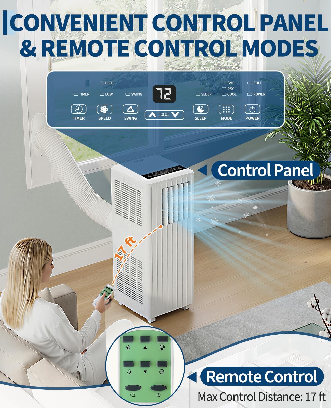 8000 BTU Portable Air Conditioner, 3-in-1 Cooling, Dehumidifying & Fan for Rooms Up to 350 Sq. Ft, Quiet Sleep Mode, Energy-Saving 24-Hr Timer, AC Unit with Remote & Full Window Kit, White