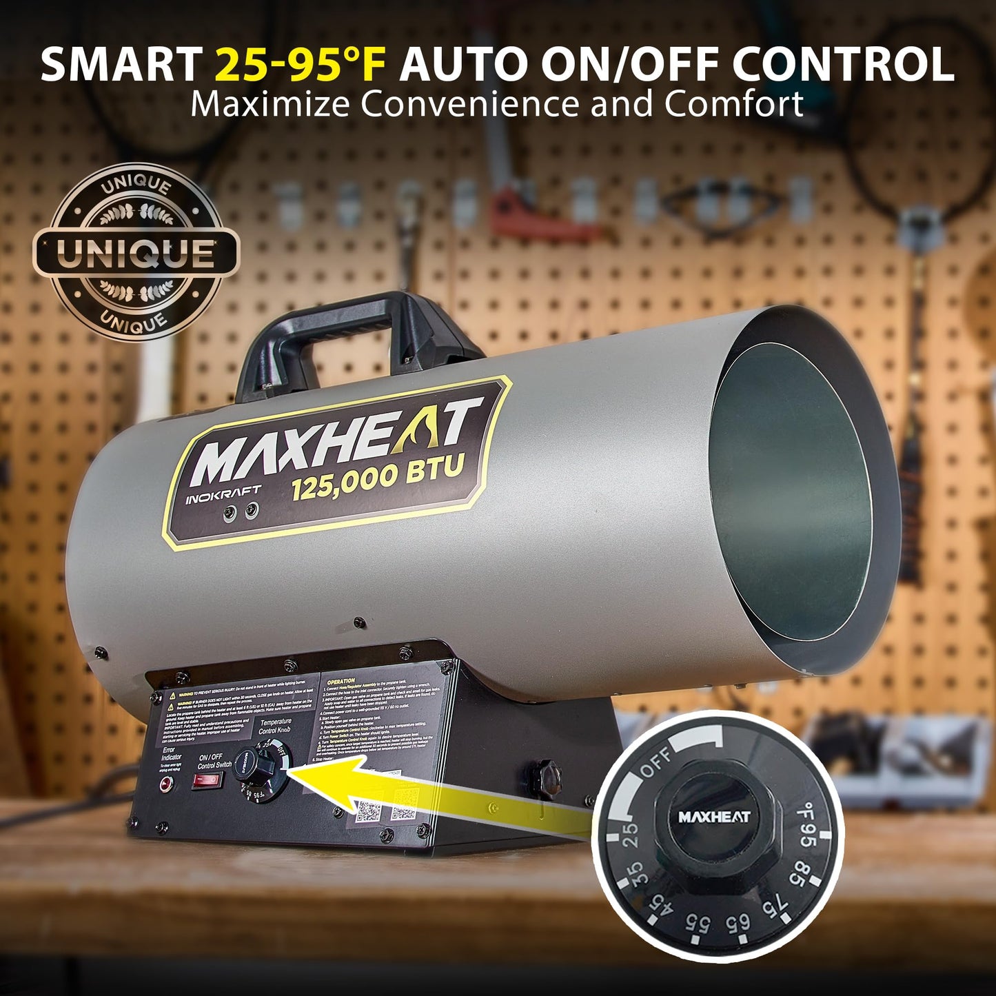 InoKraft Maxheat MH125 125,000 BTU Forced Air Propane Heater, Auto 25-95F On/OFF Control, Portable Garage/Shop Heater for Garages, Job Sites - 10ft Hose