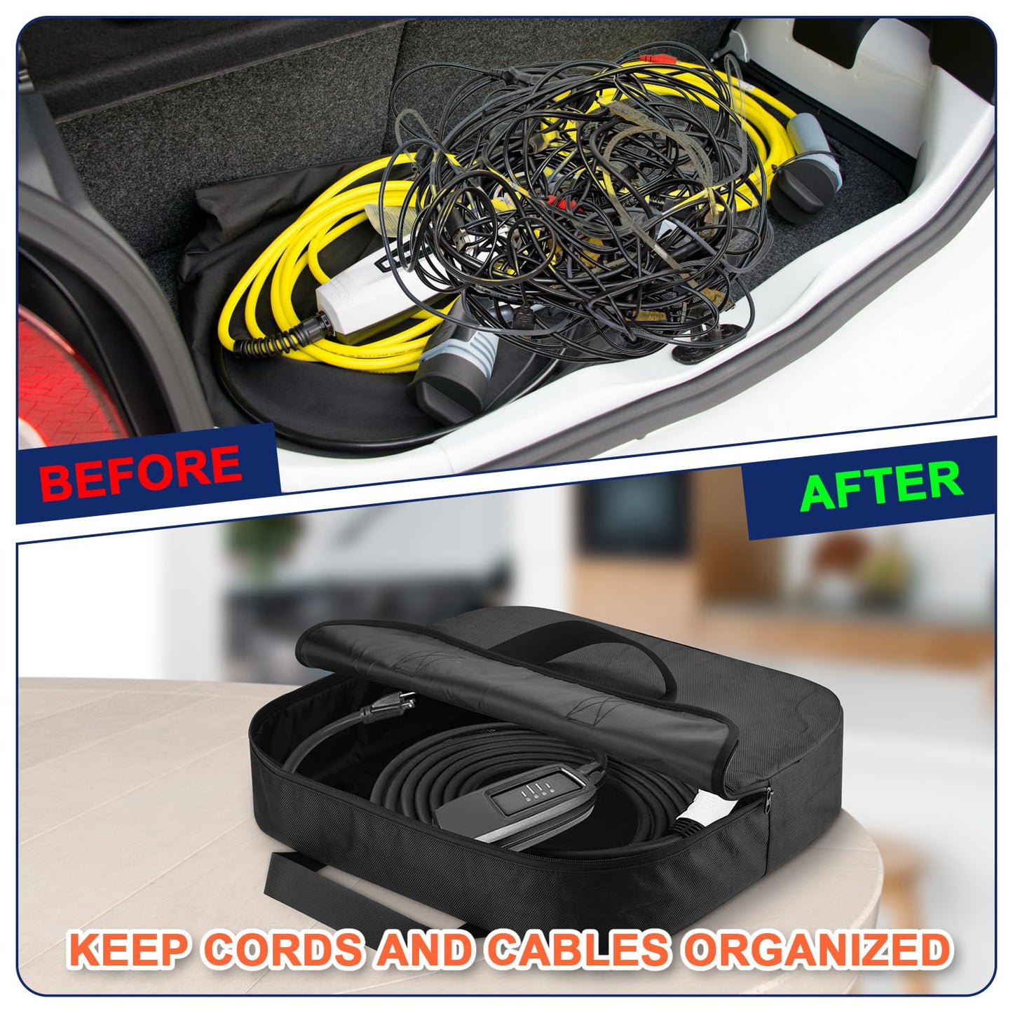 20 Inch Jumper Cable Bag, Heavy Duty Water Resistant Tools Cable Bag, Cable Cords Hoses Storage & Organizer with Exterior Pocket for Jumper Cable,EV Charging Cables,Extensions and Garden Hoses