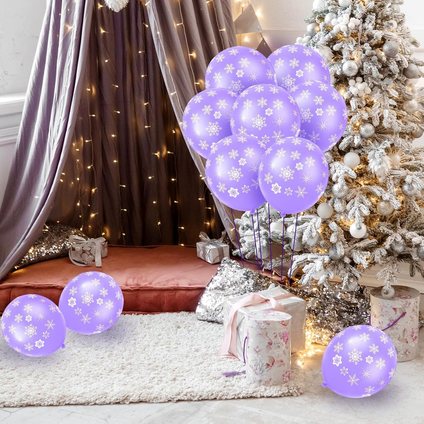 Skylety Snowflake Balloons - 40 Pack Transparent Latex for Christmas & Winter Parties | Macaron Purple