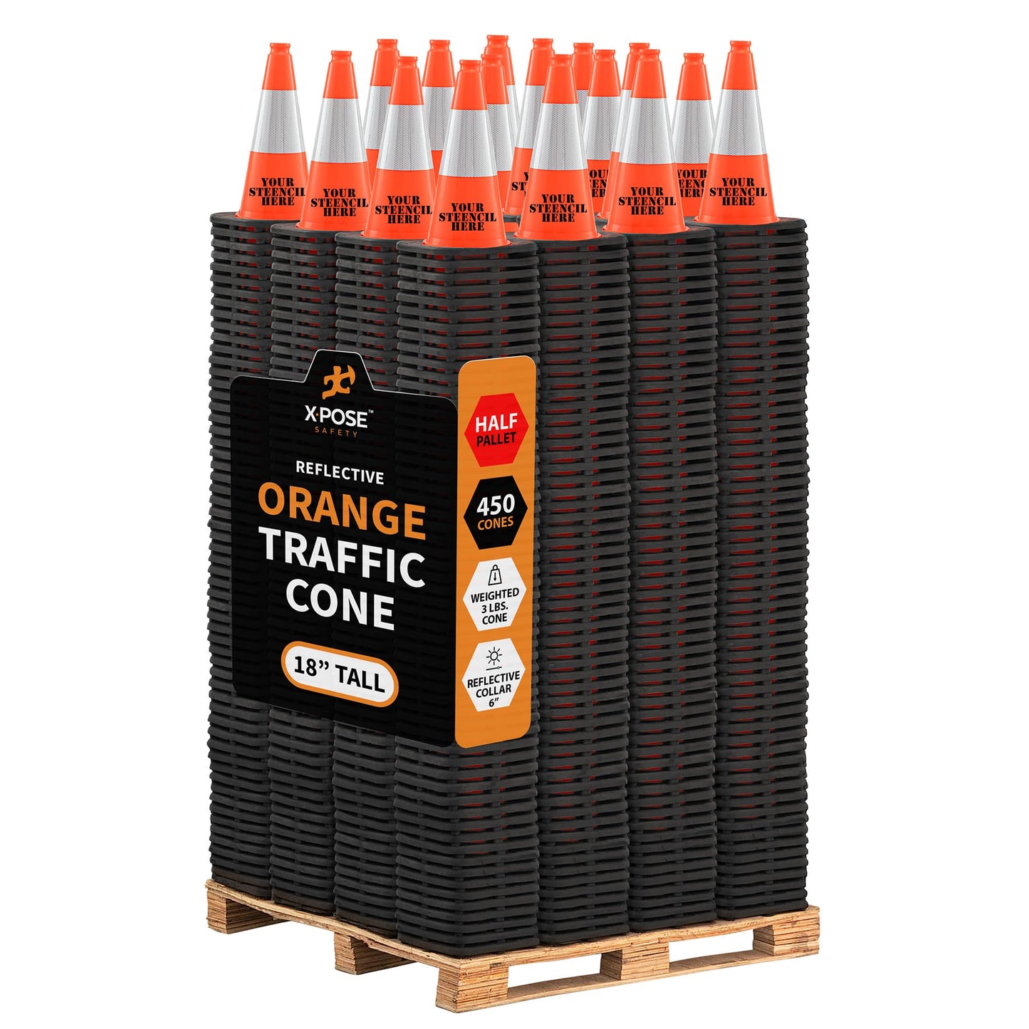 Xpose Safety 18" Orange Traffic Cones 6" Collar - Bulk Half Pallet 450 Pack Multipurpose PVC Plastic Safety Cone for Parking, Soccer, Caution, Kids, and Construction - Custom Stenciling Available