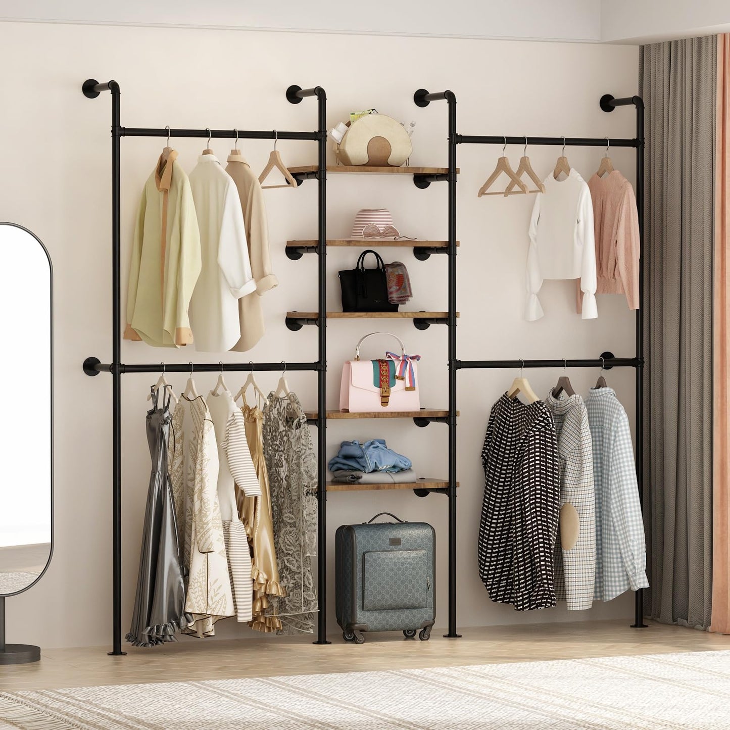 WTPLWD Industrial Pipe Clothing Racks with 5 Shelves, Wall Mounted Clothes Rack for Hanging Clothes, Black Wall Clothing Rack, Heavy Duty Clothes Rack for Walk in Closet, Laundry Room