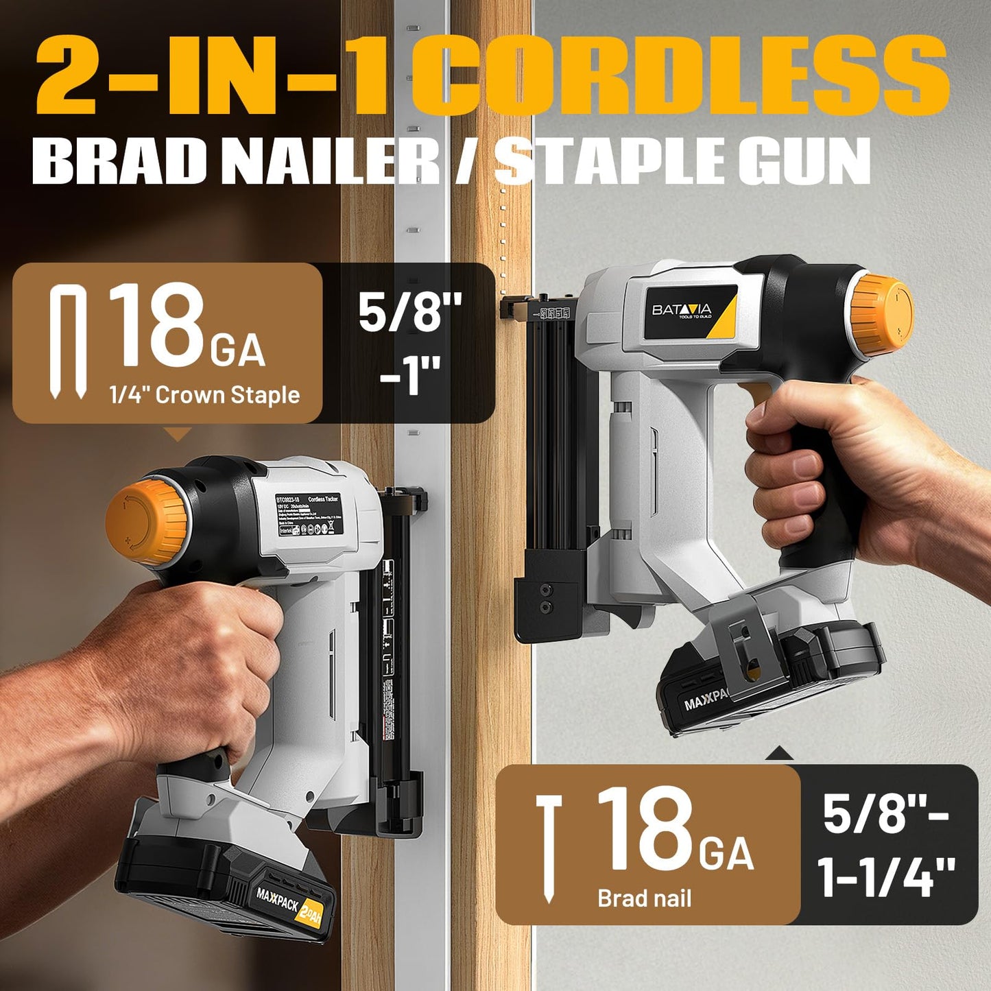 20V Nail Gun Battery Powered, 18 GA 2-in-1 Cordless Brad Nailer Stapler with 2.0Ah Battery, 800 Nails(Up to 1-1/4") and 200 Staples, Electric Nail Gun for Upholstery, Woodworking & Home Improvement