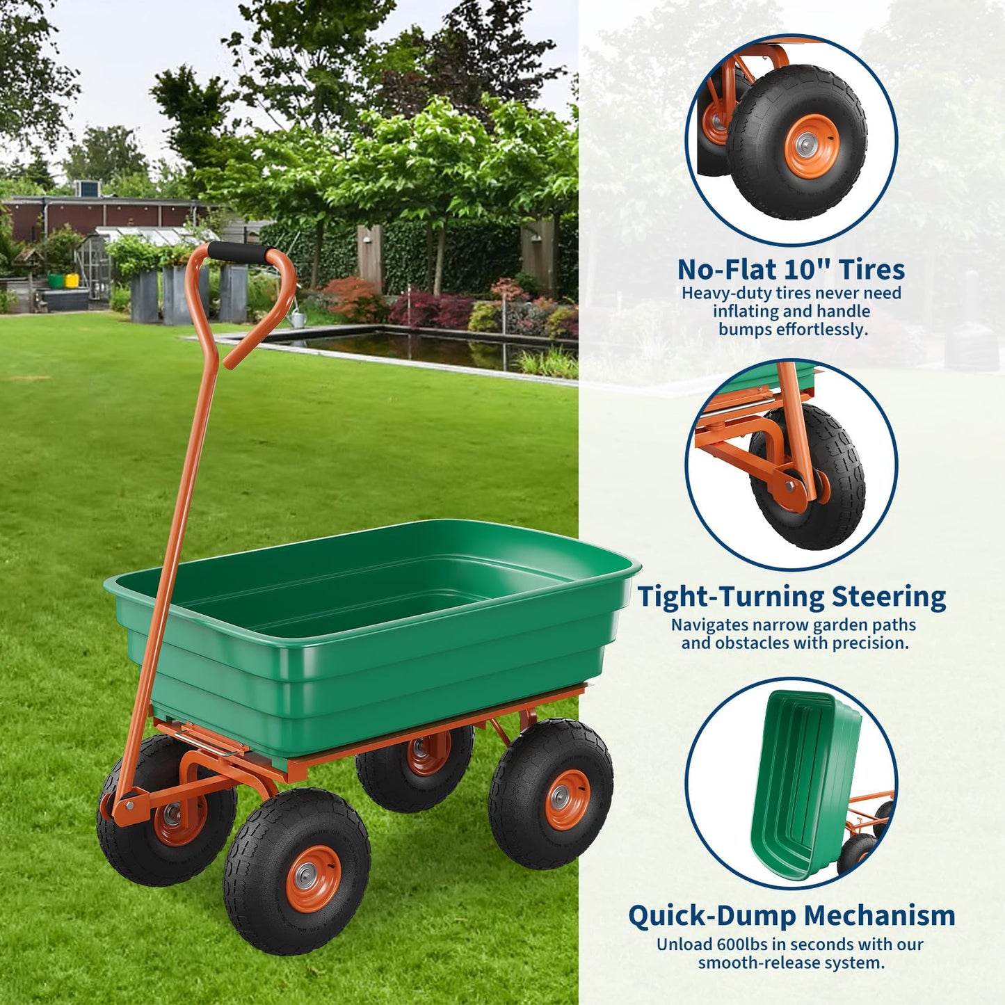 GlowSol Heavy Duty Garden Dump Cart - 1200 lbs Capacity Utility Wagon, 7 Cubic Feet - 180° Adjustable Handle, 13" All-Terrain Tires, Quick Release - Perfect for Yard, Lawn, Landscaping