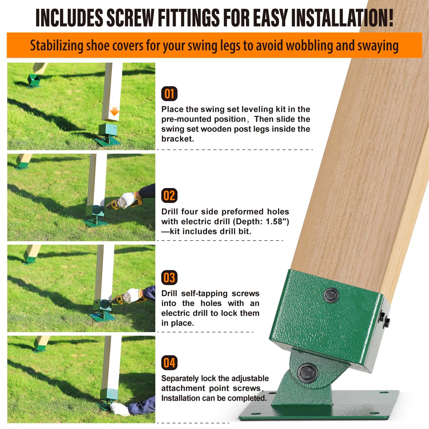 Swing Brackets Heavy Duty Swing Leveling Base Brackt 45°-60° Angle Range Swing Set Brackets Stainless Steel Swing Anchor Leveling Kit Bracket Level on Uneven Ground fits Grass Gravel and Hard Ground