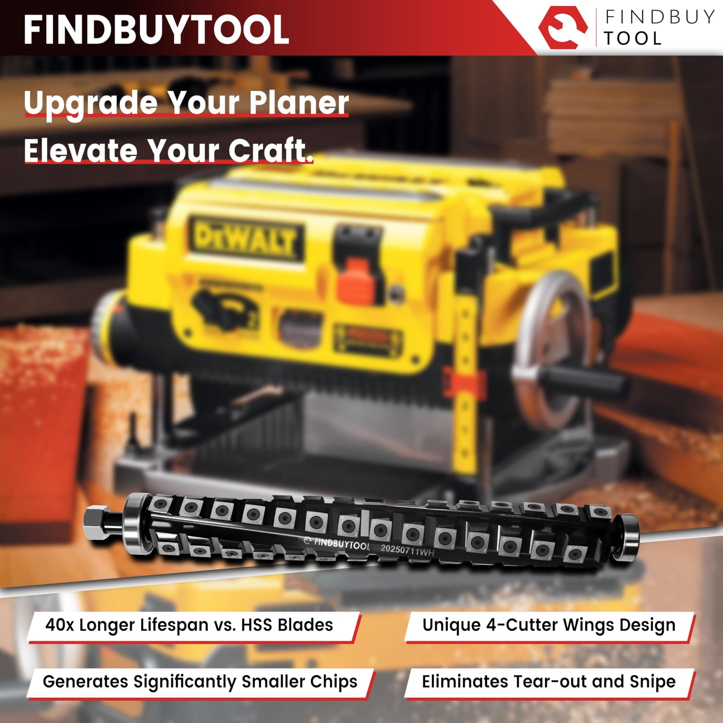 FINDBUYTOOL 13 Inch Helical Cutterhead for DeWalt Planer DW735 DW735X DW735-XE, 4 Rows for DeWalt Thickness Planer, Quiet & Efficient Upgrade Replacement Blade for DW735 Series Planer