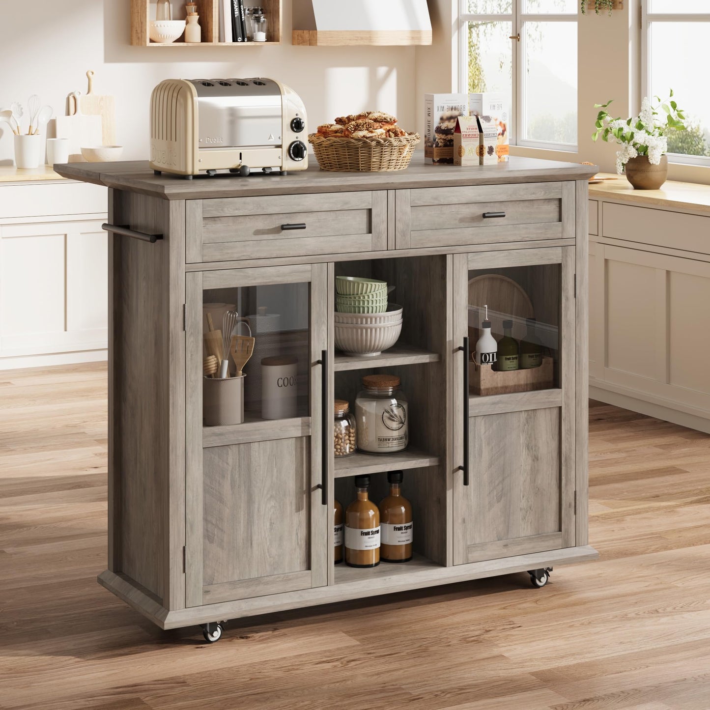 GarveeHome 41 in Rustic Kitchen Island on Wheels - Wood Drop-Leaf Table with 3-Tier Storage, Mobile Coffee Bar Cart (Light Gray)