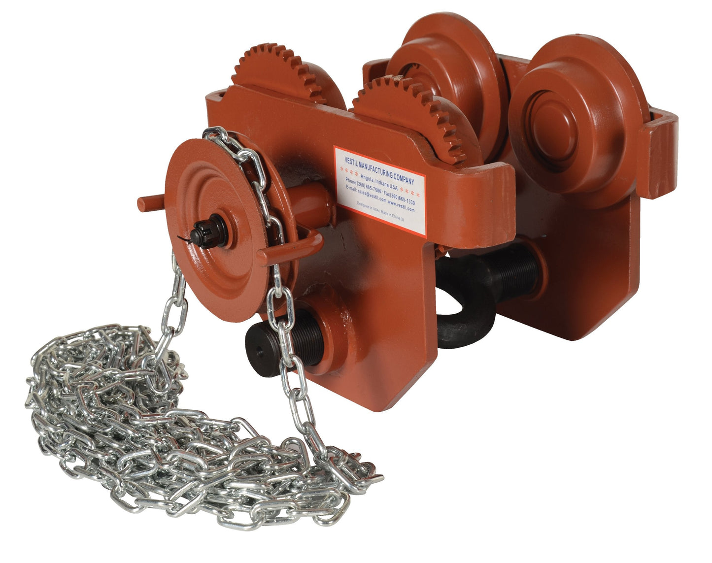 Vestil E-MT-6-C Steel Geared Eye Manual Trolley 6000 Lb. Capacity Orange