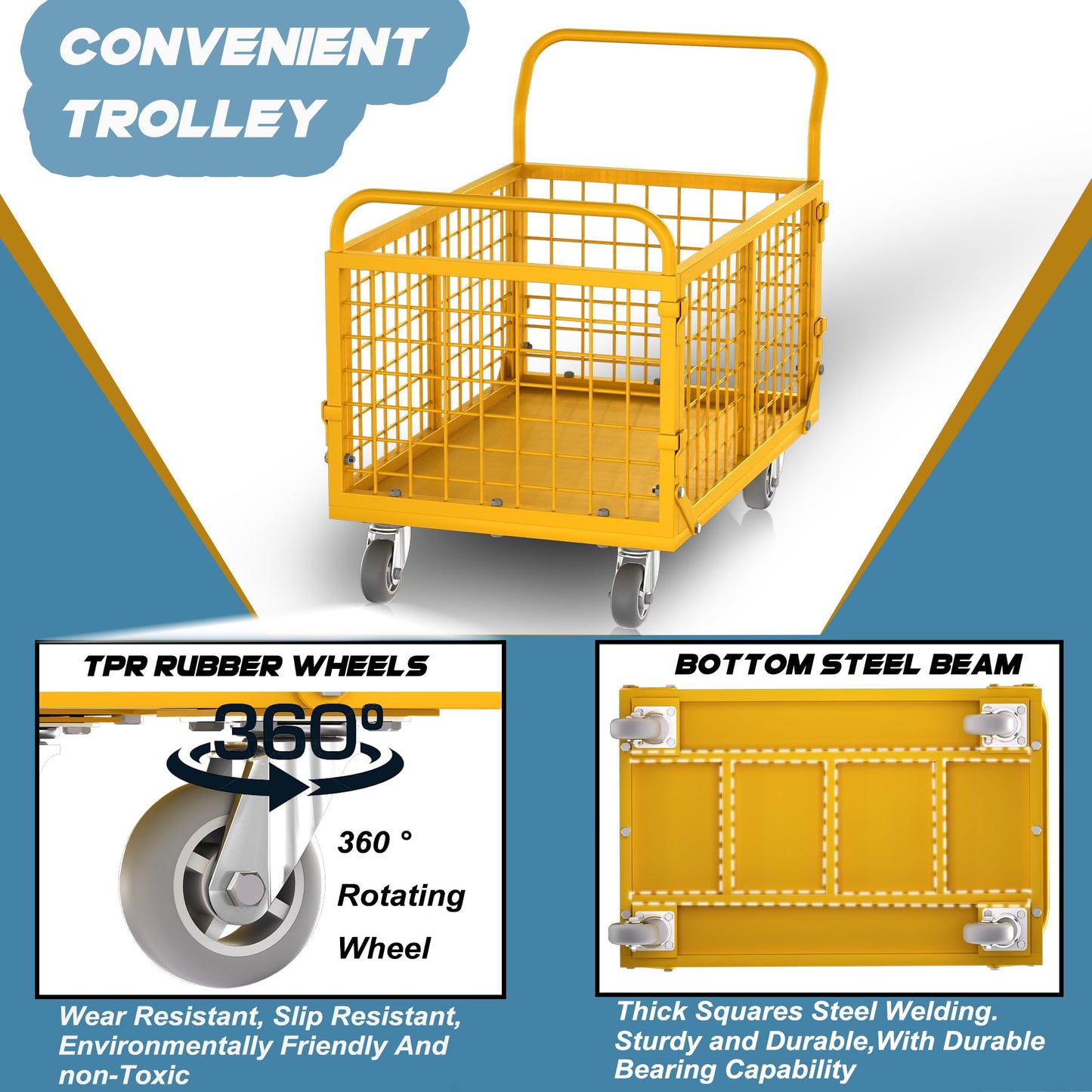 Platform Truck with Cage,5-in-1 Collapsible Heavy-Duty Push Cart Dolly Load 1800 LB,Large Flatbed Hand Truck for Grocery/Laundry/Stall/Storage