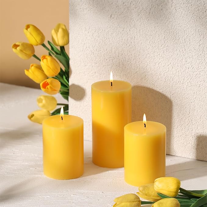 3x4 Inch Yellow Pillar Candles Set of 3 - Decorative Unscented Pillar Candle, Long Burning Dripless Candle for Table Decor, Smokeless Large Pillar Candles for Wedding Table Decor