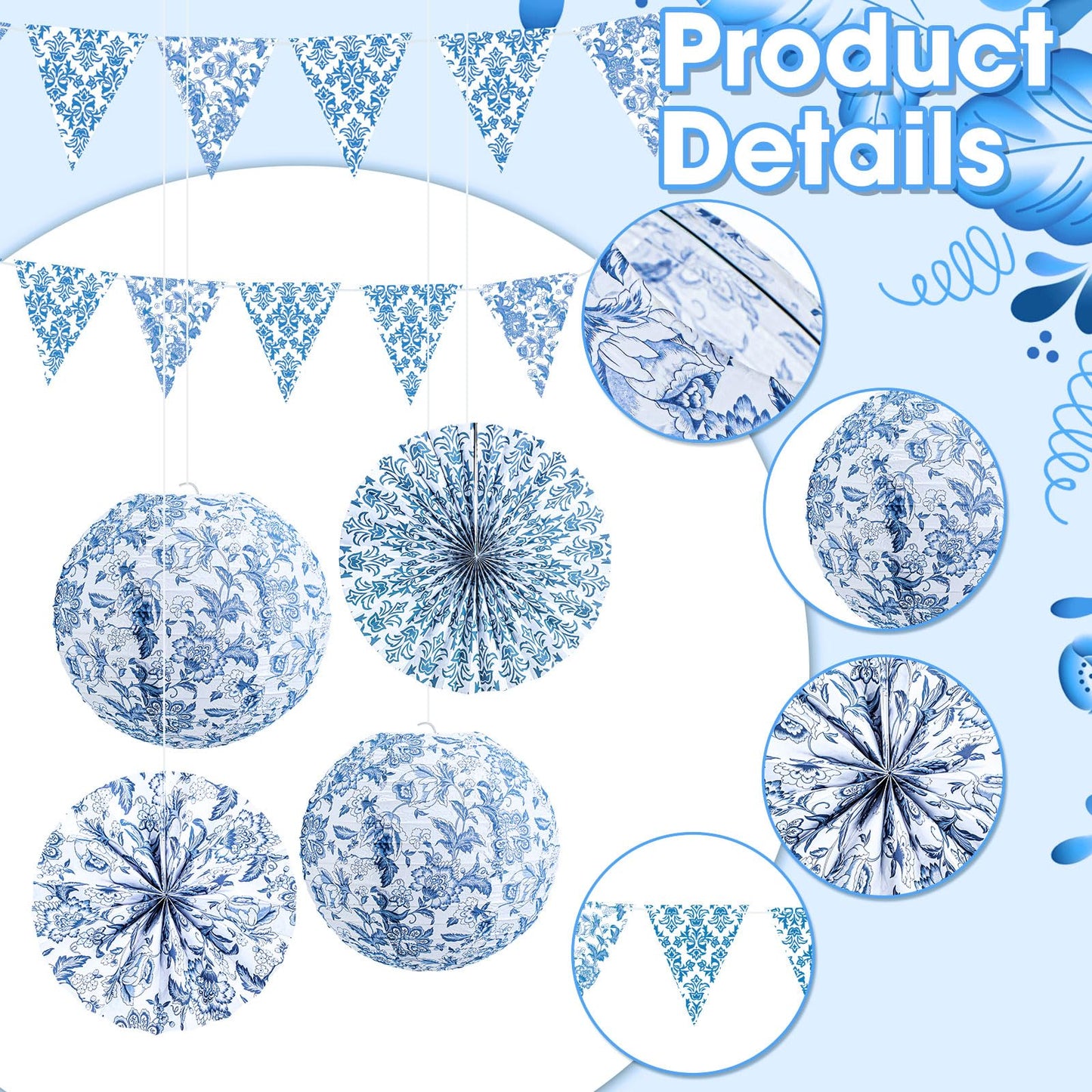Tujoe 19 Pcs Chinoiserie Themed Party Decorations 10 Paper Lanterns 3 Triangle Flags Banner 6 Hanging Round Fans Blue and White Print Chinese Hanging Decoration for Ceiling Wedding Birthday Home Decor