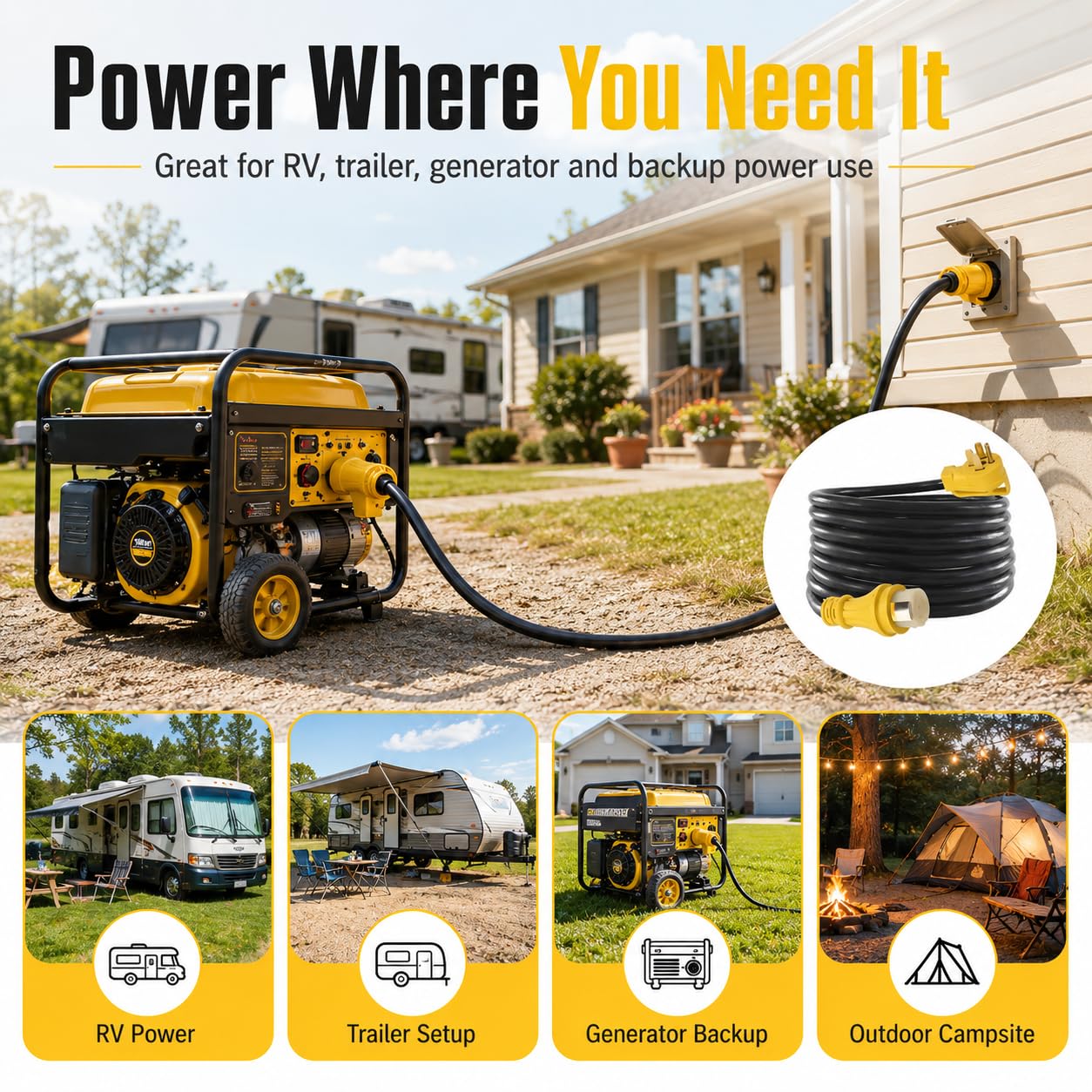 50FT 50 Amp RV Extension Cord, NEMA 14-50P to SS2-50R Twist Lock Power Cord, 6/3 + 8/1 STW Heavy Duty Outdoor Cord for RV, Trailer, Camper, Generator Connection, 125/250V