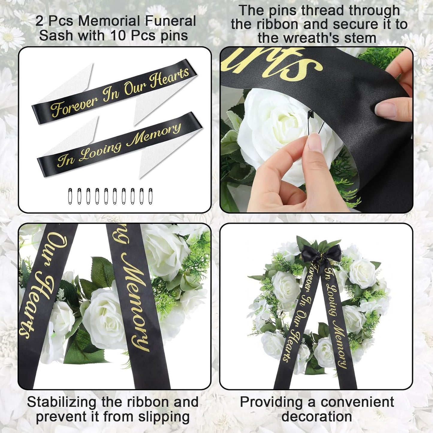 Norme Memorial Funeral Sash - 2 Pcs Satin Ribbon in Loving Memory | 63x3.8'' Black for Casket Wreaths