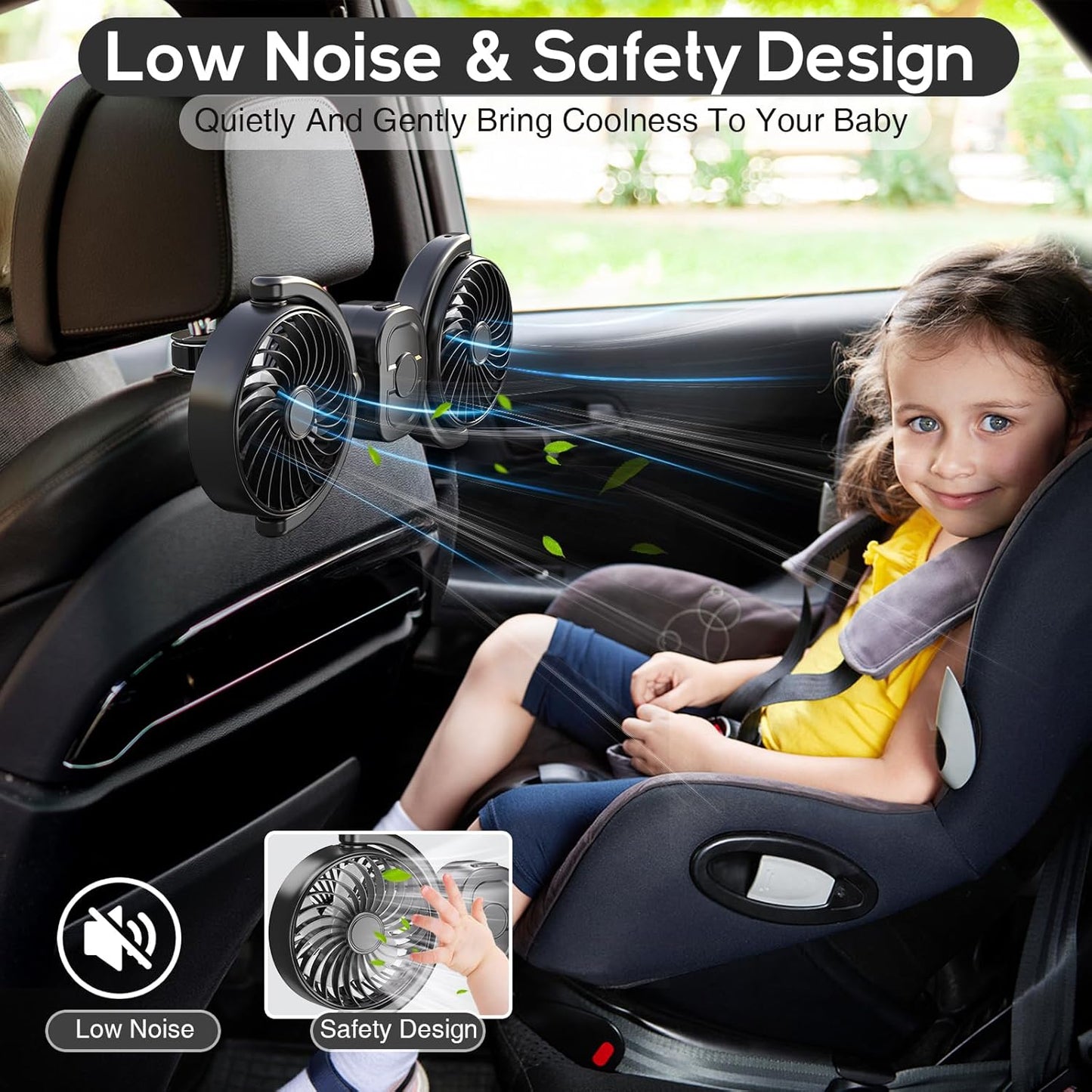 3 360 Dealswin Rechargeable Car Fan for Backseat Kids Baby, Battery and USB Dual Power Car Fans, Powerful Speeds