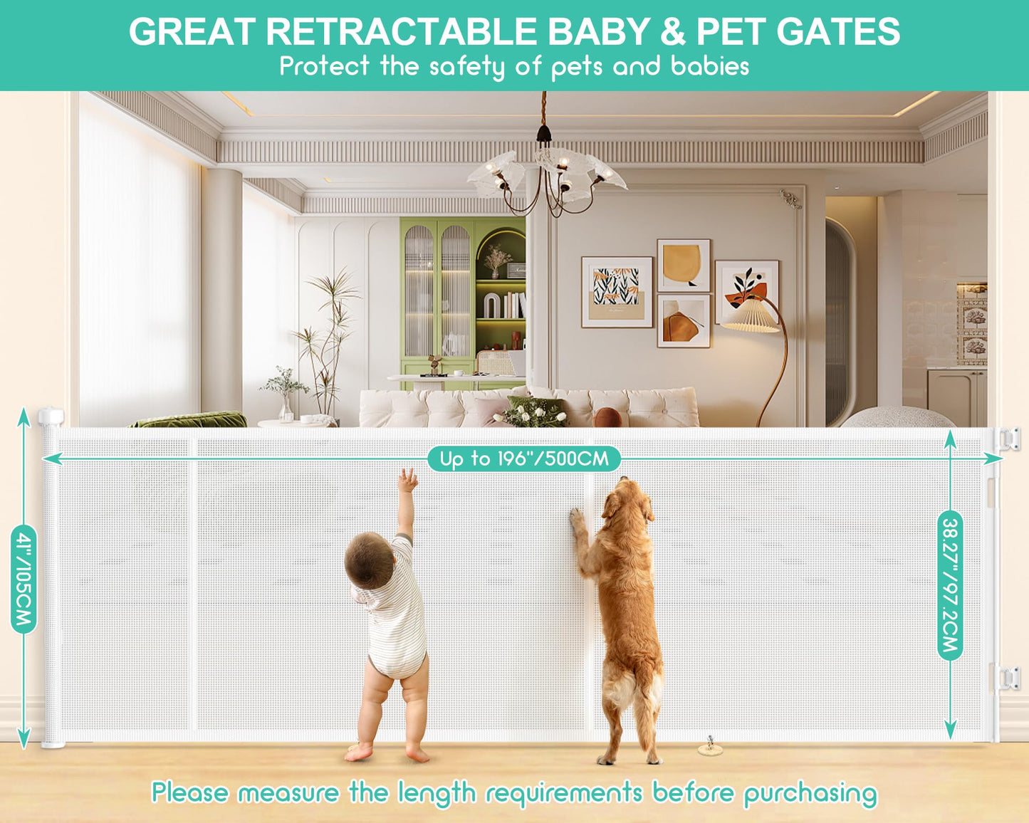 196 Inch Retractable Baby Gates Extra Wide, 41 Inch Reinforced Extra Tall Gate for Large Openings, Mesh Safety Gate for Kids Pets, Retractable Dog Gate for Pool Garages Doorway Indoor Outdoor, White