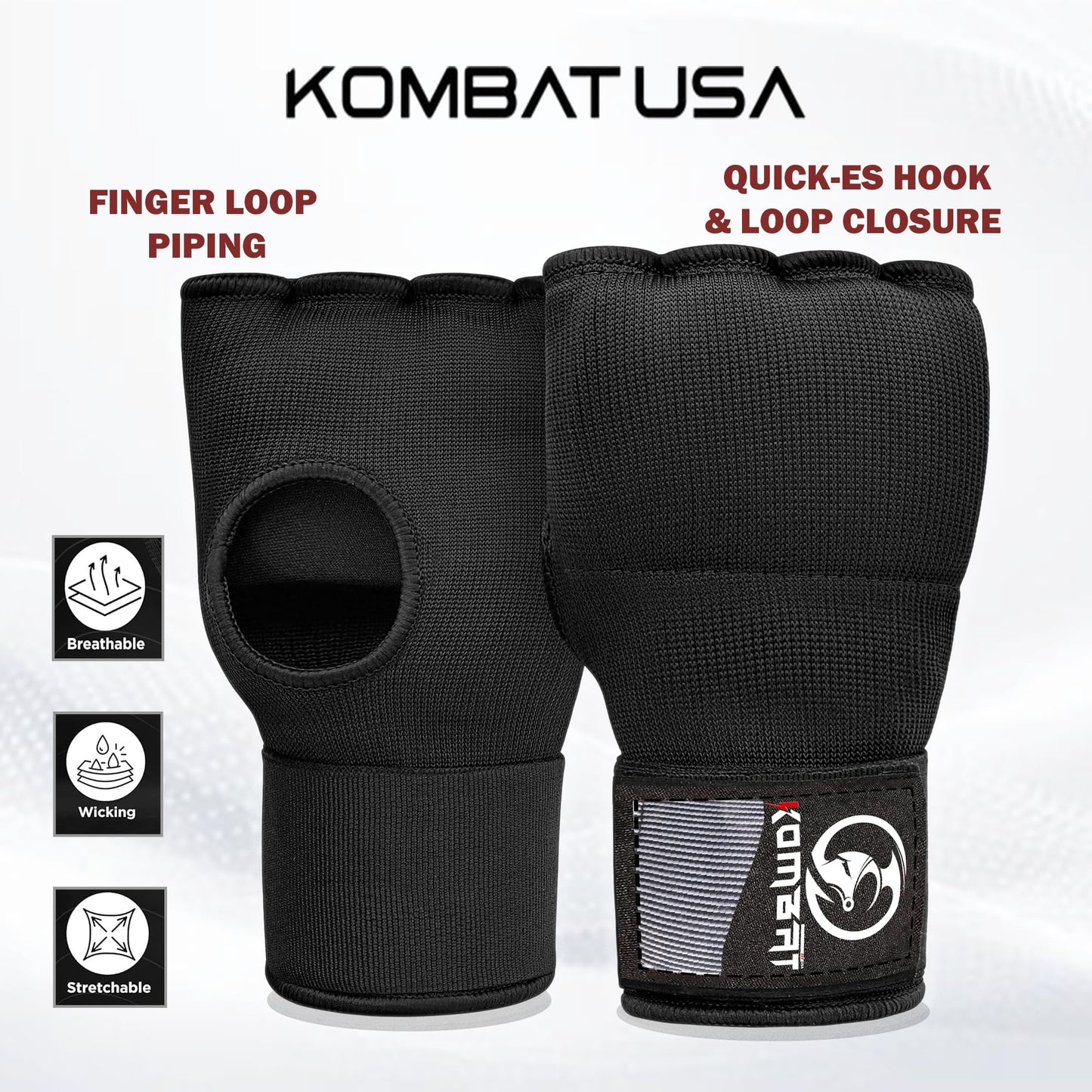 Kombat Gel Boxing Hand Wraps Inner Gloves for Men and Women, 75cm Quick Wrist Wraps Guard, Muay Thai MMA Kickboxing Martial Arts Punching Training Bandages, Hand Wraps for Boxing (Black, Medium)