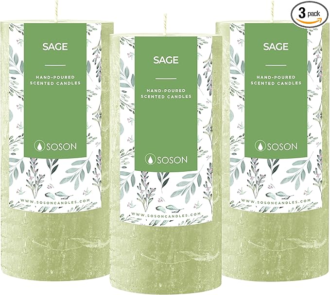 Simply Soson 3x6 inch Green Sage Rustic Pillar Scented Candle - 3 Pack - for Home Decor, Aromatherapy, Weddings, Restaurants, Spa, Church