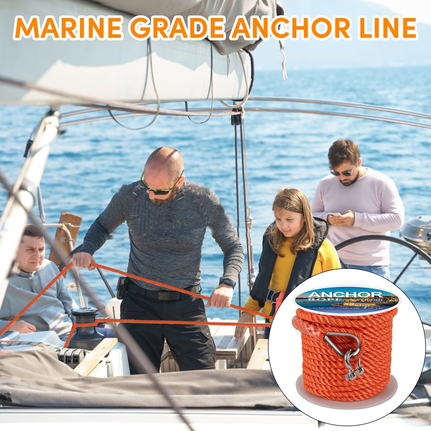 Anchor Rope 50 ft X 1/2 inch, 3-Strand Twisted Nylon Anchor Line, Boat Rope with Stainless Steel Thimble and Shackle for Boating, Anchoring, Mooring,Pulling (Orange)
