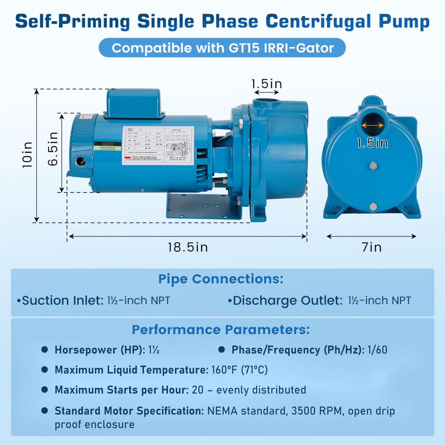 GT15 Self-Priming Single-Phase Centrifugal Pump,1.5hp,Single Phase Cast Iron Water Pump Fit With Corrosion-Resistant Housing,for Lawn Sprinkling, Irrigation,Water Transfer & Dewatering