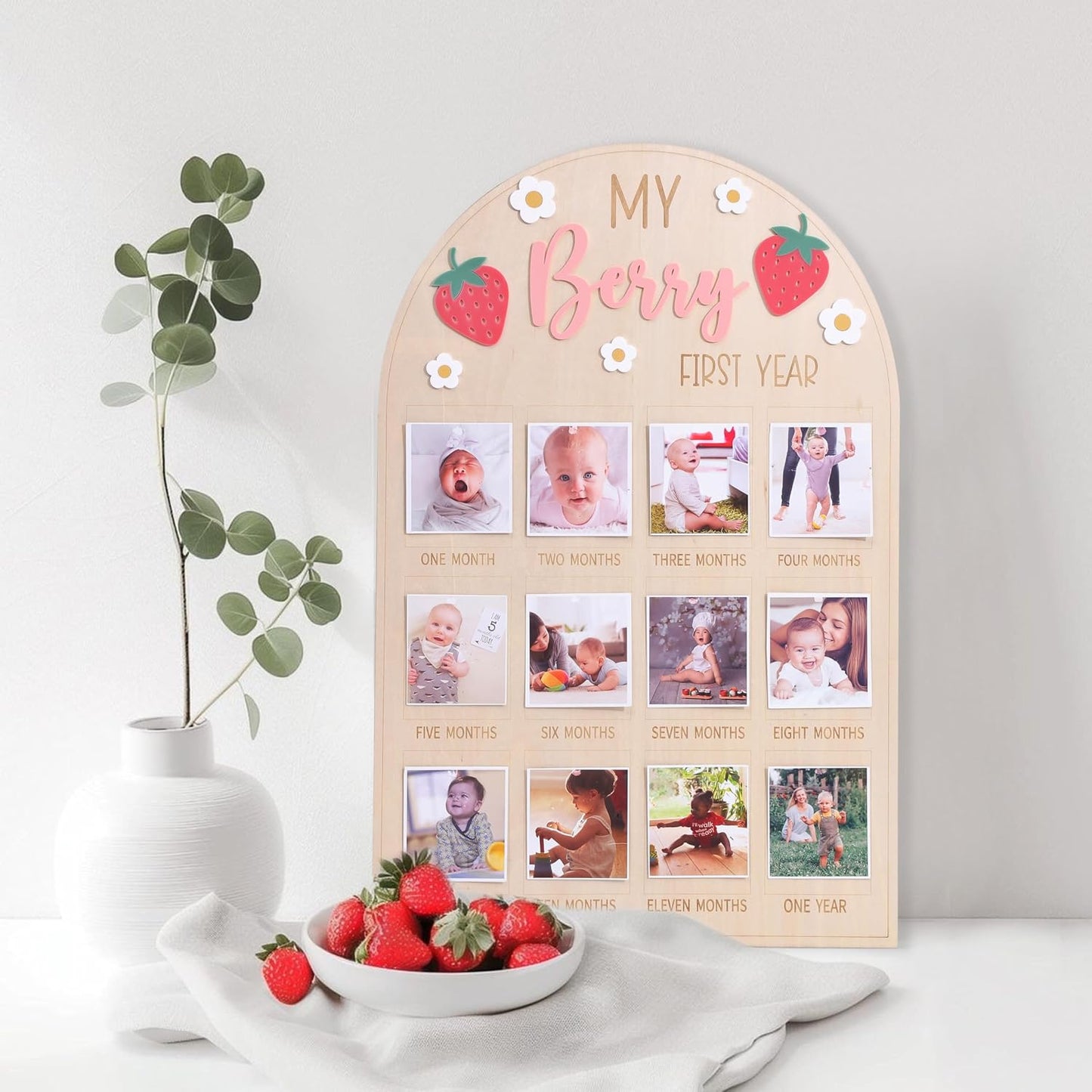 1st 1 12 WAOUH Berry First Year Photo Wood Board - Strawberry Birthday Decorations,Strawberry to Months Photo