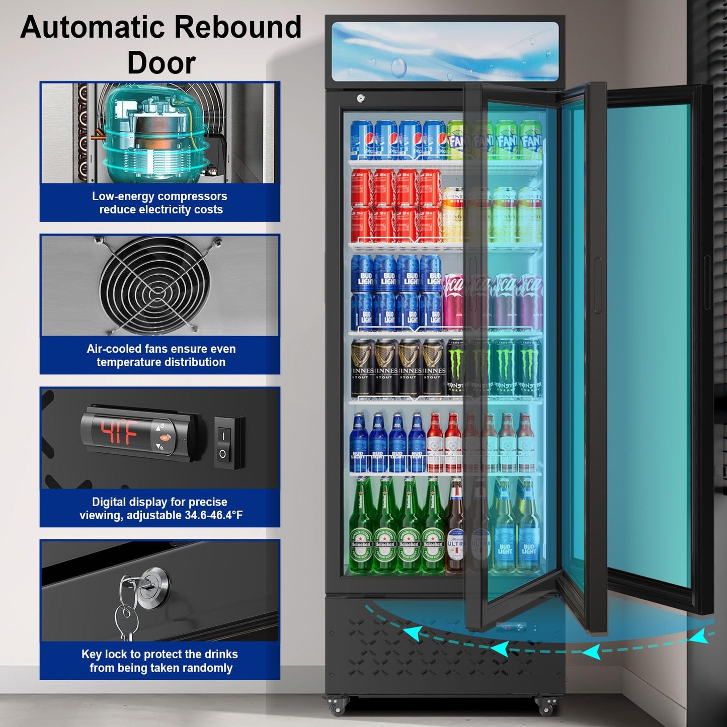 Beverage Cooler Commercial Refrigerator 15.2 Cu.Ft. Glass Door Display Refrigerator with LED Light, 5 Shelves, Display Commercial Beverage Refrigeratorfor Restaurant Cafe Bar Store (15.2 Cu.Ft.)