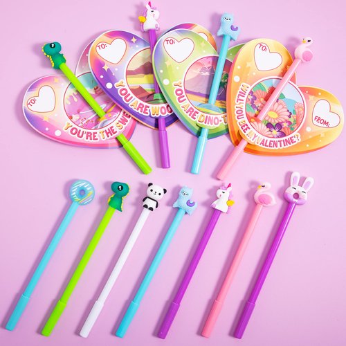 JOYIN 28 Packs Valentine Animal Pen with Greeting Cards, Stationery Gift Set for Kids, Classroom Exchange Prizes
