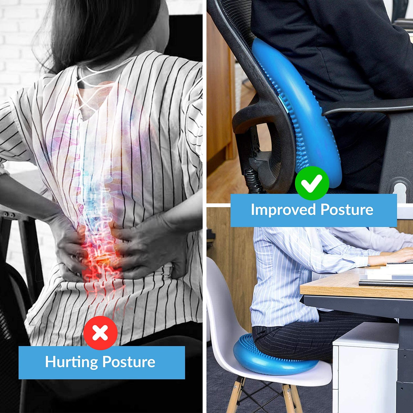 RFAQK Inflated Air Stability Wobble Cushion - Wiggle Seat to Improve Sitting Posture & Attention, Stability Balance Disc for Physical Therapy Exercise [Extra Thick, Pump, Bag, E-Book Included] (Blue)
