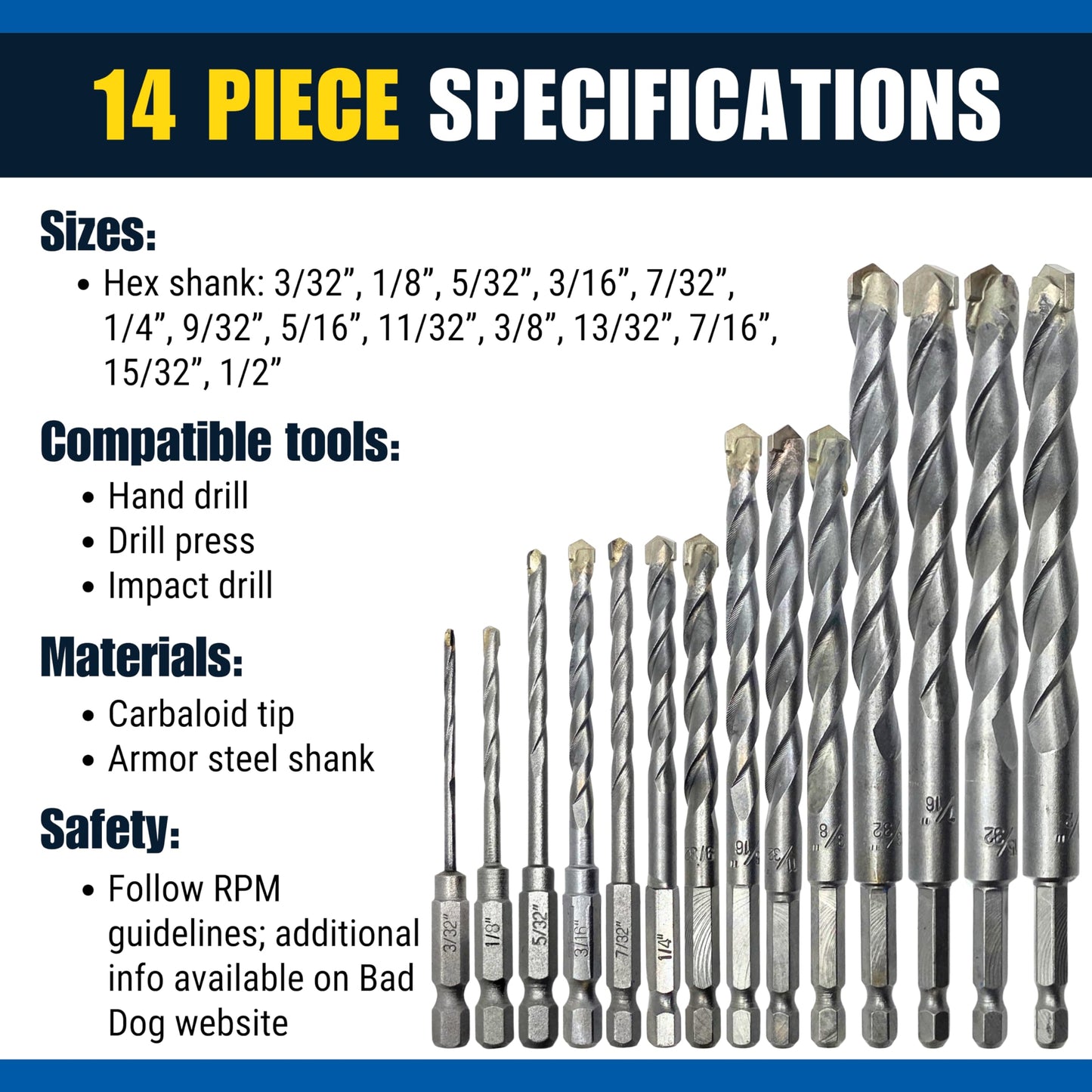 Bad Dog Multipurpose Drill Bits (14 Piece) with Diamond Sharpener Wheel (Includes arbors)