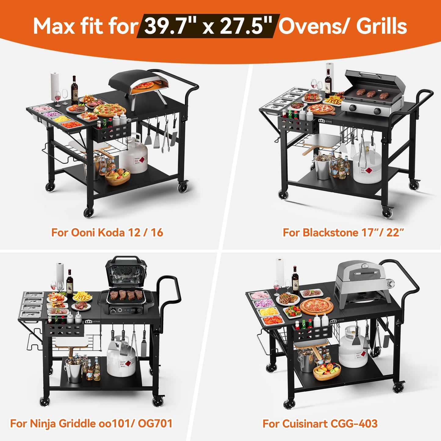Leteuke Pizza Oven Table, Grill Cart Table for Blackstone Griddle, Outdoor Pizza Oven Stand Fits Ninja, Cuisinart, Gozney, Solo Stove, BBQ Prep Tables Station with Seasoning Tray, 47"x27.5"x30"