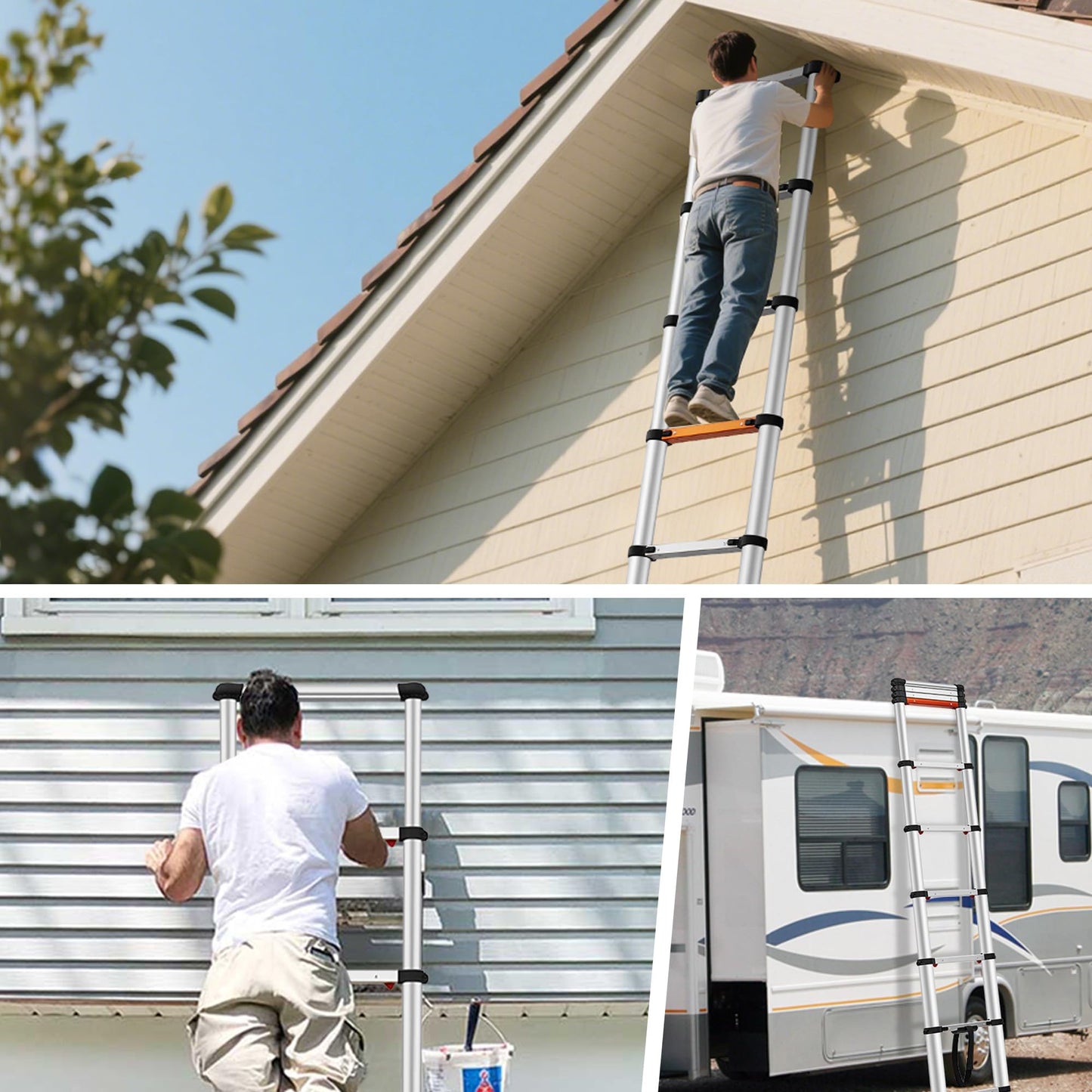 ICARRY Telescoping Ladder 10.8 FT Aluminum Ladder, 300lb Capacity Safety Extension Ladder, Soft Close Collapsible Ladder with Non-Slip Feet, Multi-Purpose Compact Ladder for Home, RV, Loft