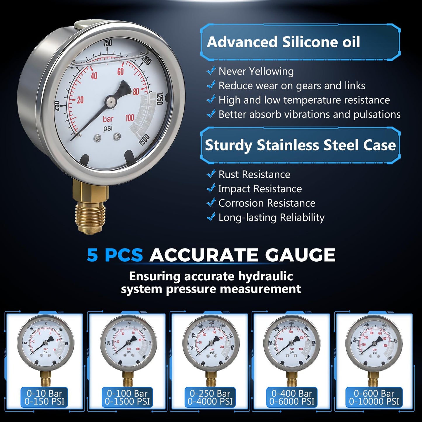 Hydraulic Pressure Test Kit with 5 Gauges up to 10000 PSI 10–600 Bar, 13 Couplings 14 Tee Connectors and 5 Hoses, Hydraulic Tester for Excavators Loaders and Construction Equipment