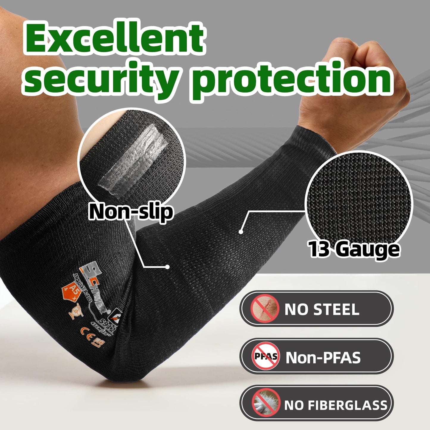 Schwer AIR-SKIN ANSI A5 Cut Resistant Arm Sleeves, Cooling Cut Sleeves with High Risk Cut Protection for Thin Skin, Gardening Safety Protective Sleeve for Farming, Yard, Pet Grooming, Black, 1 Pair