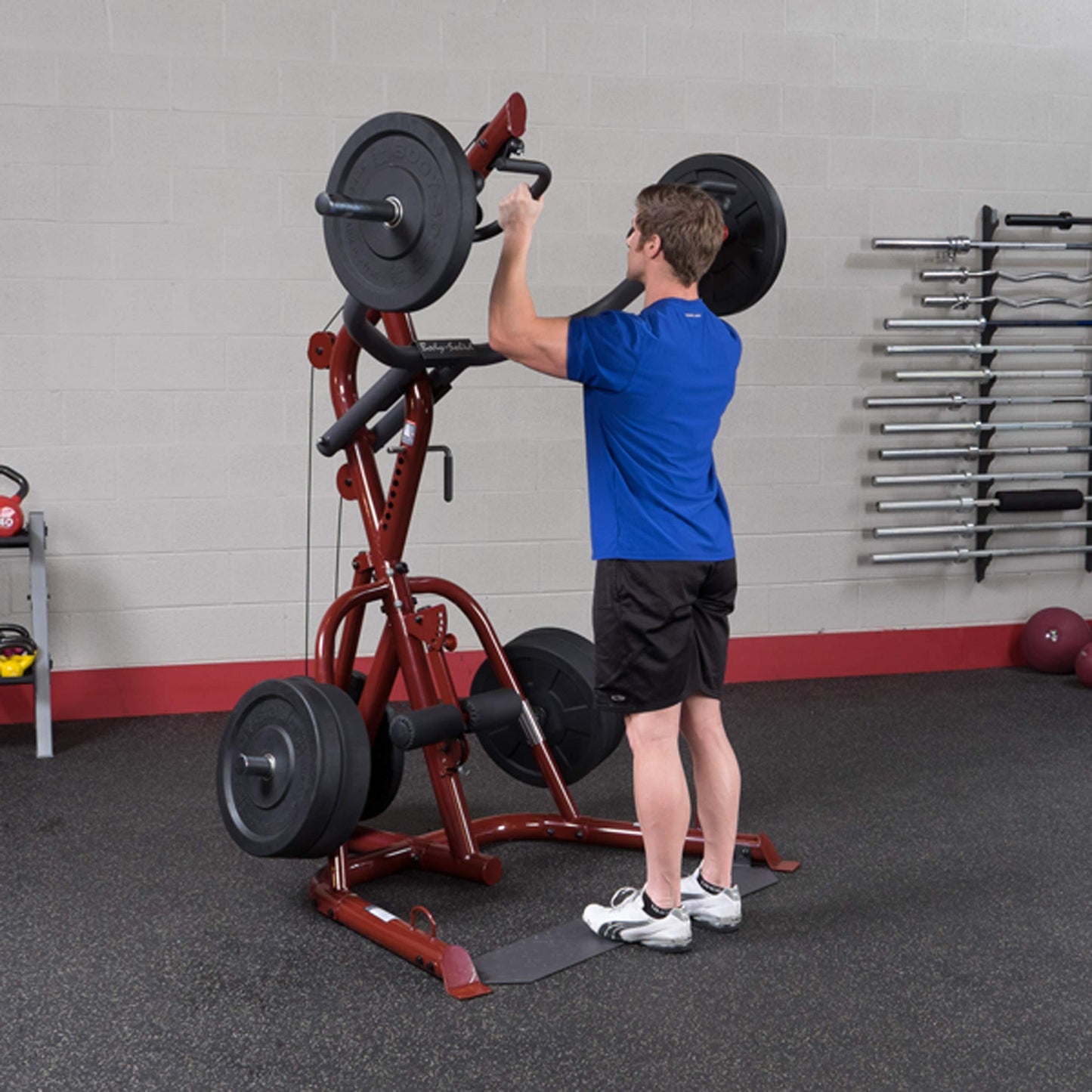 Body-Solid (GLGS100 Corner Leverage Gym for Strength Training, 3 Station Exercise Equipment, Red