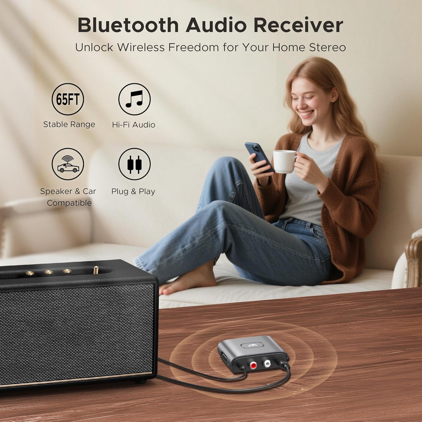 Warrky 3.5mm Bluetooth Audio Receiver for Home Stereo RCA and Audio Jack, Bluetooth Audio Adapter for Speakers, Work