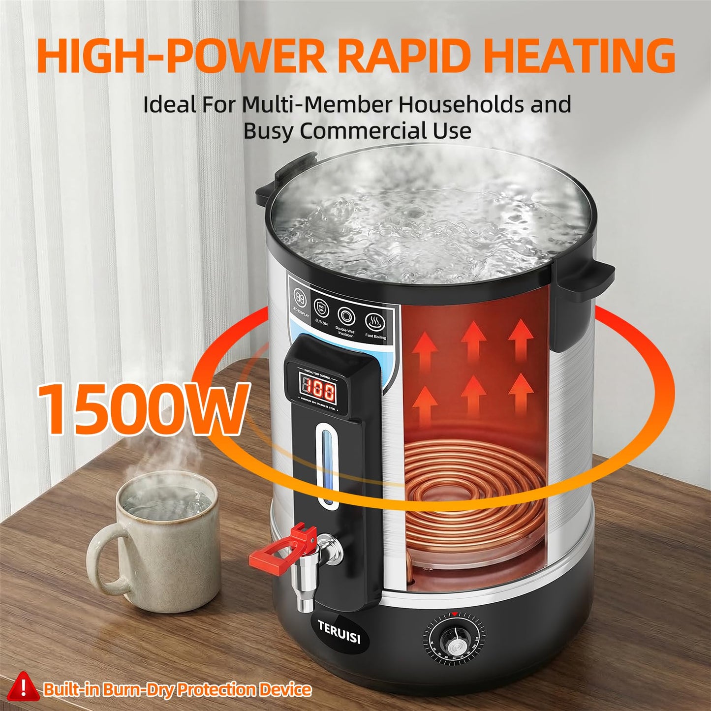 TERUISI Electric Water Boiler, 13L/13.7QT Commercial Hot Water Dispenser, 1500W Hot Water Boiler Urn Beverage Dispenser with Stainless Steel Spigot, Doubled-Wall Insulation, Adjustable Temperature