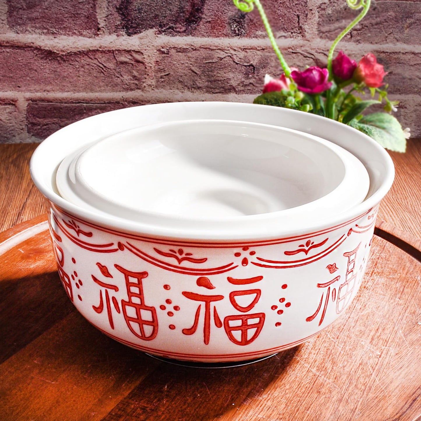 BOSILI Ceramic Ramen Bowl with Lid, 6.4 Inch 26 oz Red and White Porcelain Ramen Bowl with Chinese Fu Character Pattern, Traditional Asian Serving Bowl for Soup, Rice, Noodles