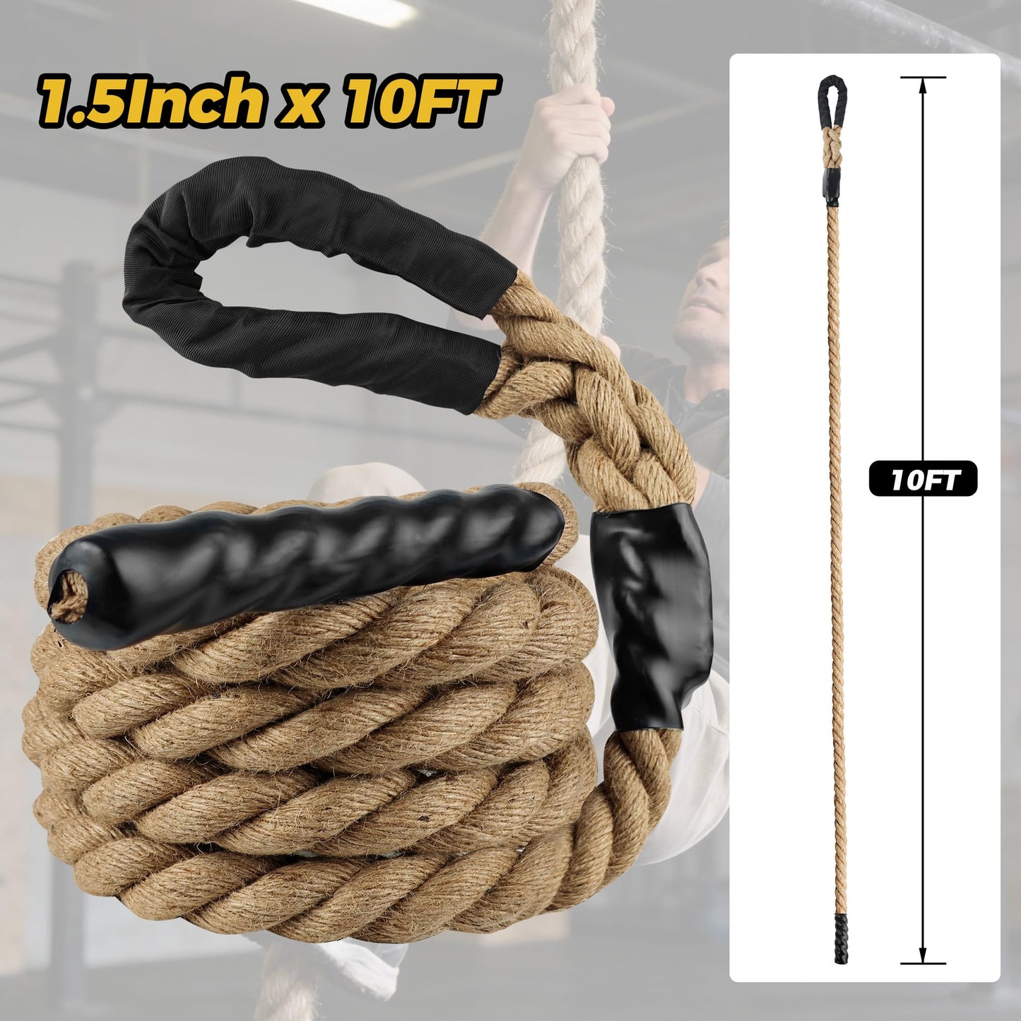 WILDSPUR Climbing Rope 1.5 Inch Diameter - 10FT Heavy Duty Gym Climbing Rope for Fitness & Strength Training - Professional Workout Rope for Adults Kids - Ideal for Home Gym